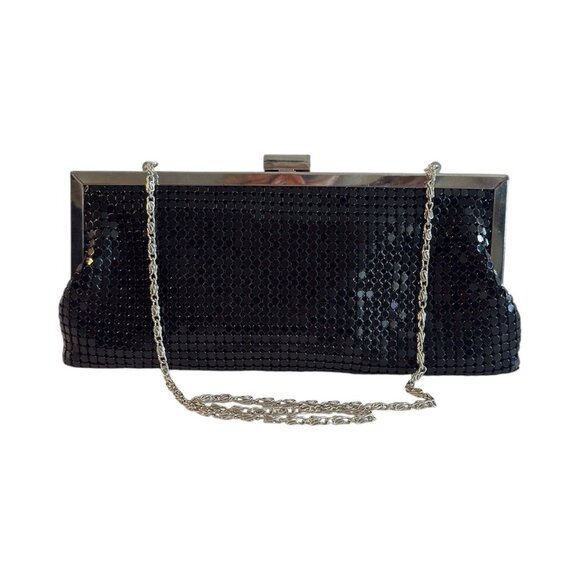 Vintage Style & Company Evening Bag Black Sequin Clutch Silver Chain Kiss Lock - Picture 1 of 10